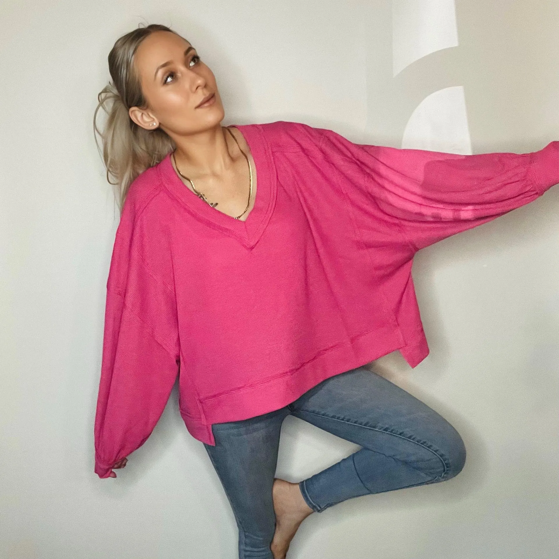 NEW Waffle Knit Oversized Boho Top Pink Size XL - Image 14