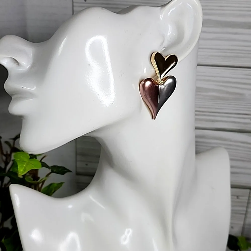 Tricolor Gold Heart on Heart Drop Earrings - Image 5