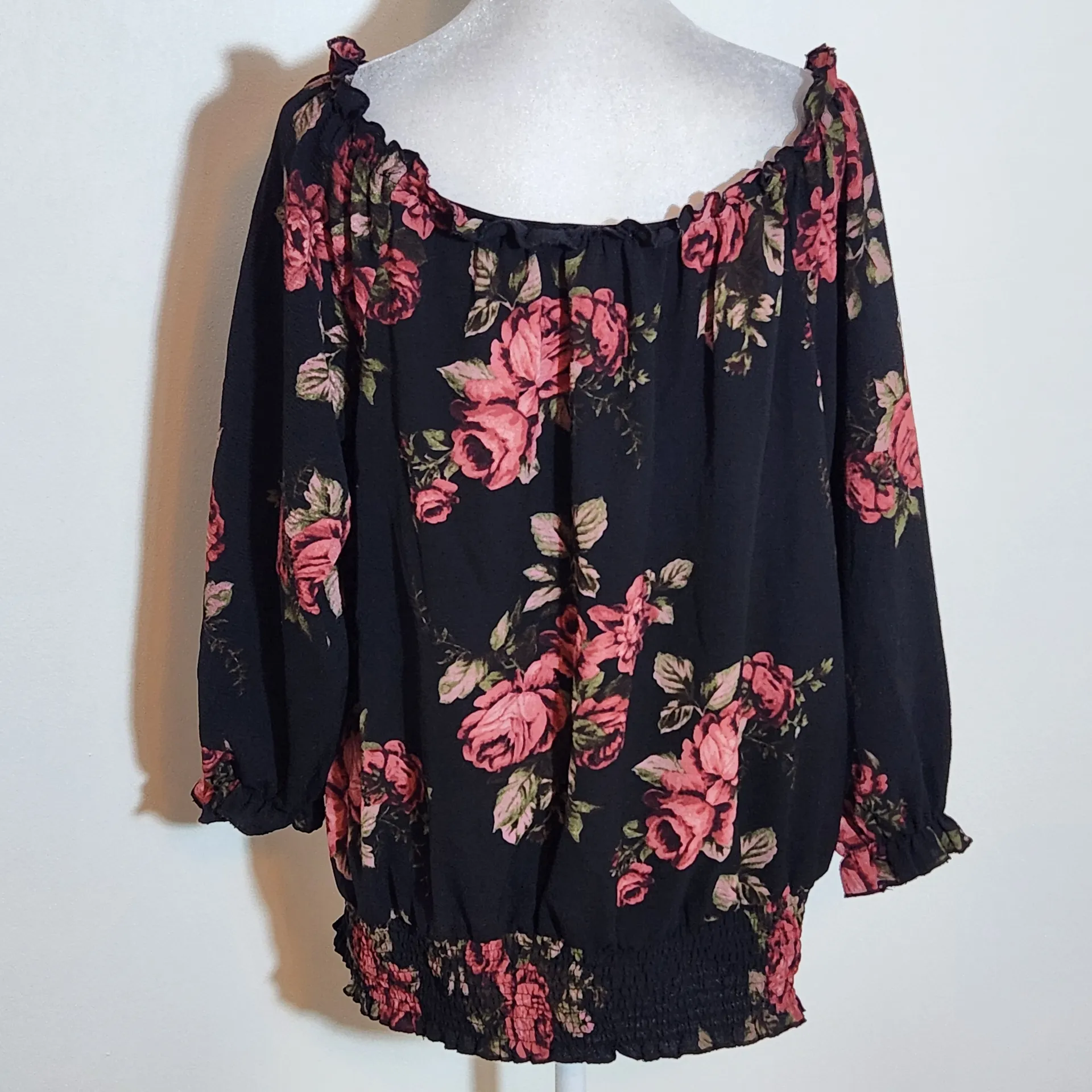 Love J Black Floral Print Off-Shoulder Black Blouse Size 2X Plus Size Floral Top - Image 5