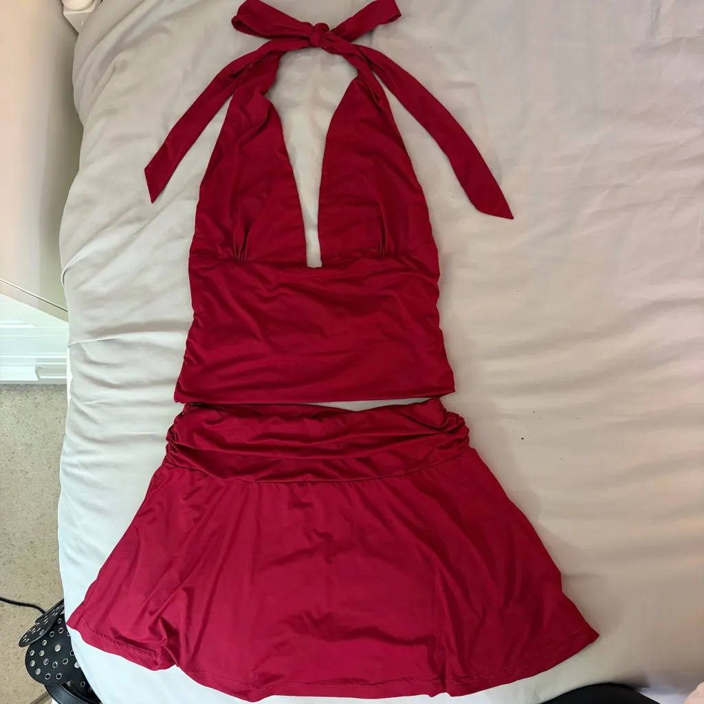 Missguided Dark Red Small Set, Halter Tank Top and Skort (Mini Skirt W/ Shorts) - Image 2