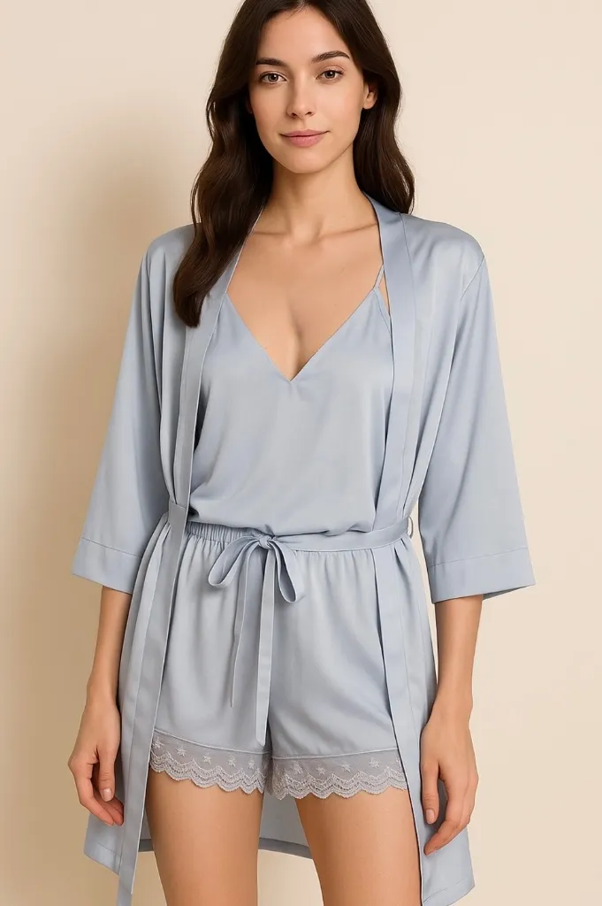 Flora Nikrooz Silky Satin 3 Piece Matching Set Tank Shorts Robe Blue Womens M - Image 1