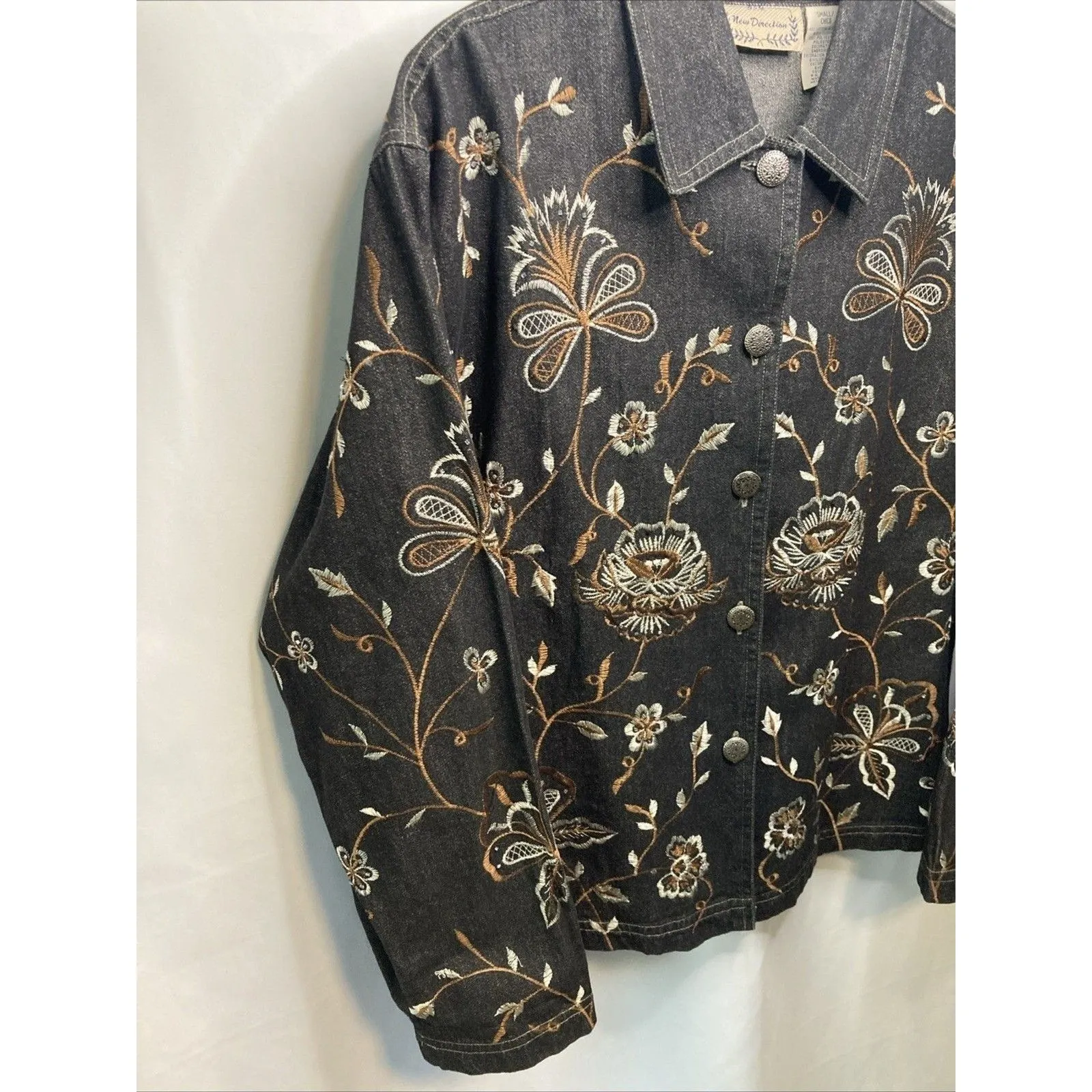 Vintage Y2K Denim Jacket S Embroidered Floral Boho Artsy Cottage New Directions - Image 3