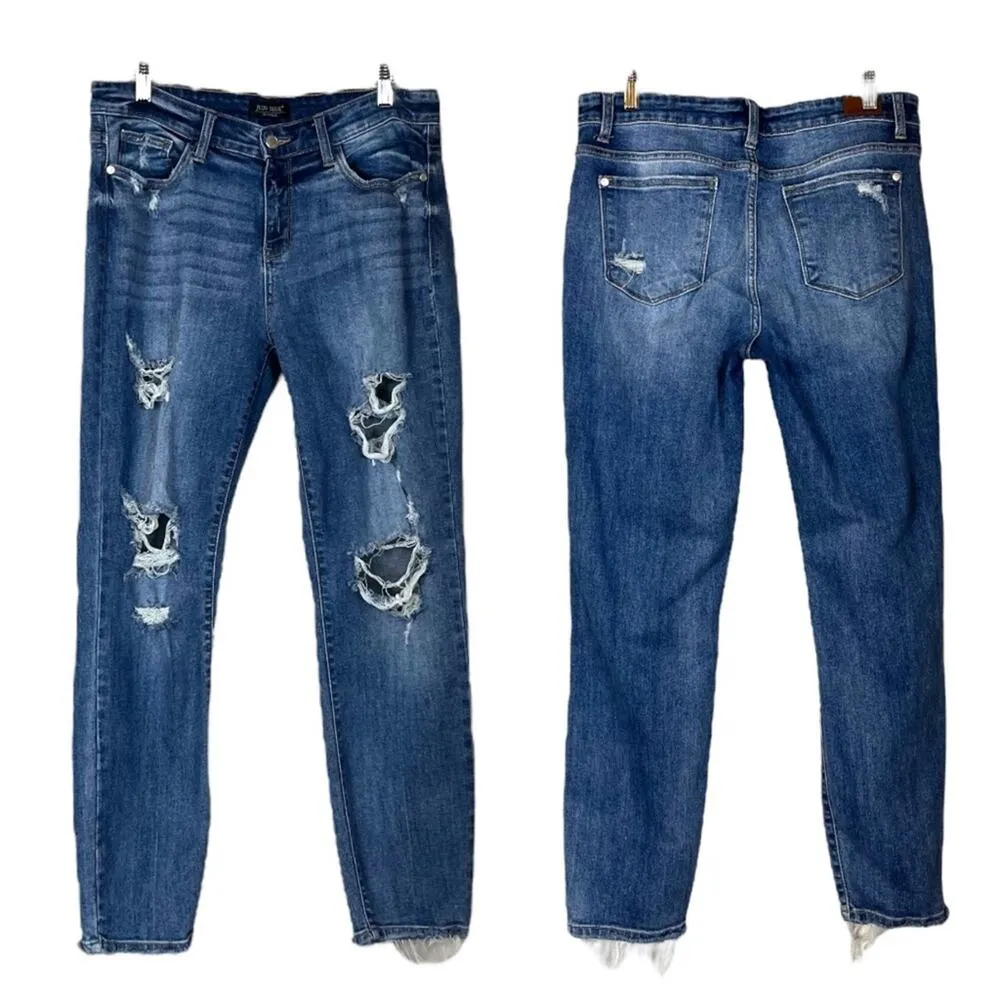 Judy Blue Jeans Boyfriend Fit Dark Wash Distressed Mid Rise Juniors Size 9/29 - Image 7