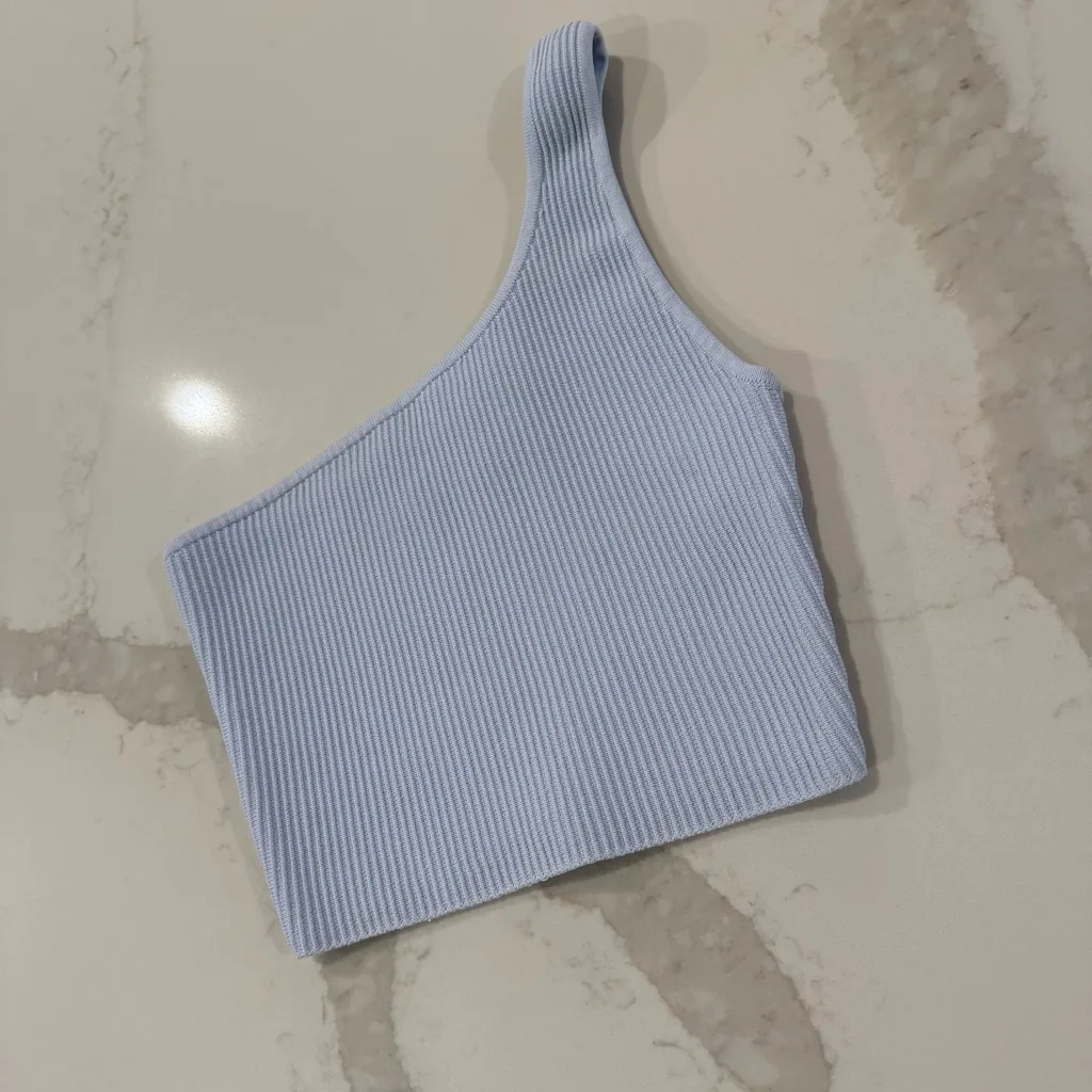 Babaton Aritzia Sculpt Knit One Shoulder Cropped Ribbed Tank Women’s Small Blue - Image 6