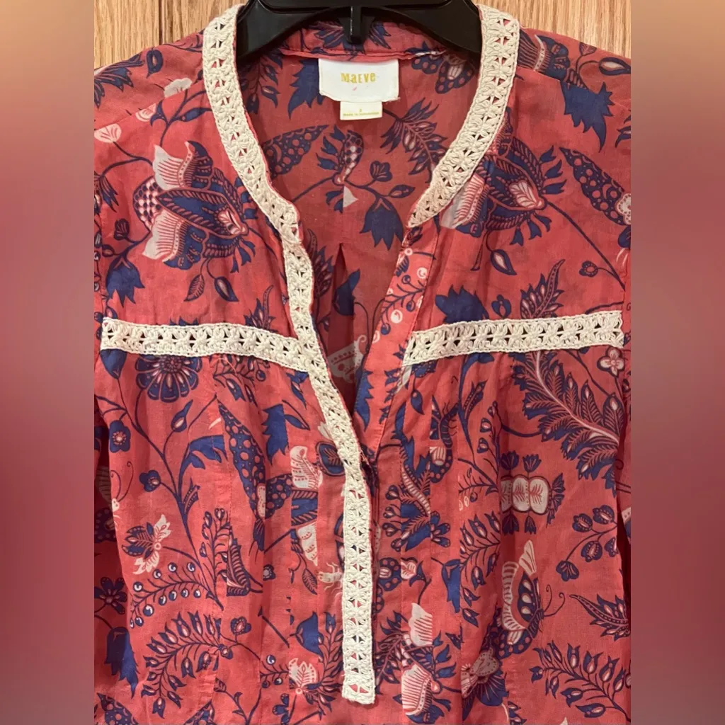 Maeve x Anthropologie‎ Abella Floral & Butterfly Crochet Pintuck Tunic Blouse 2 - Image 9