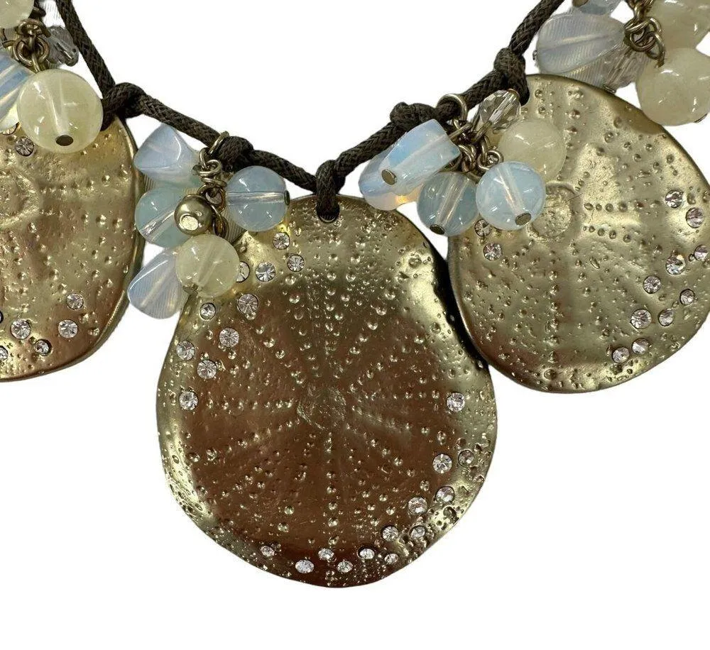 COLDWATER CREEK Gold Crystal Beaded Sanddollar Beachy Boho Statement Necklace - Image 3