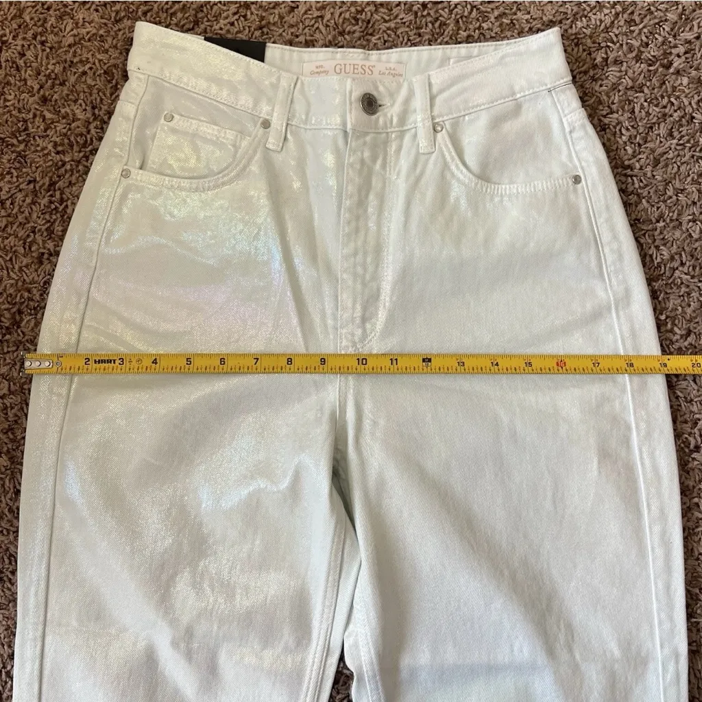 Guess  High Rise Tapered Leg Mom Fit Foil Waxed White iridescent Jeans W28xL27 - Image 11