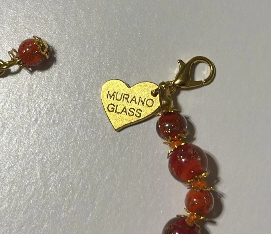 Murano Glass Handknotted Bracelet Red/Coral and Gold - Image 5