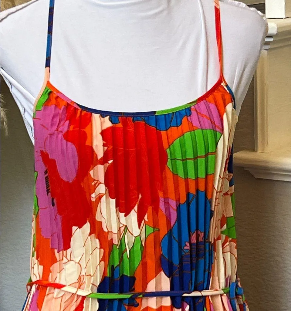 Sam Edelman Plisse Dress Retro Floral Colorful Floral Dress Size Large - Image 4