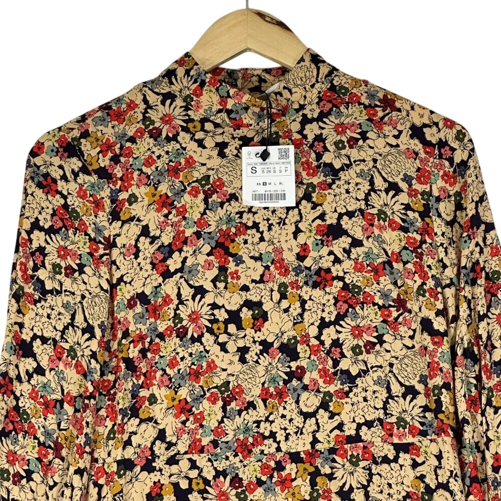 NWT Zara Shift Dress Womens S Tan Floral Mock Neck Modest Cottagecore Indie Boho - Image 3