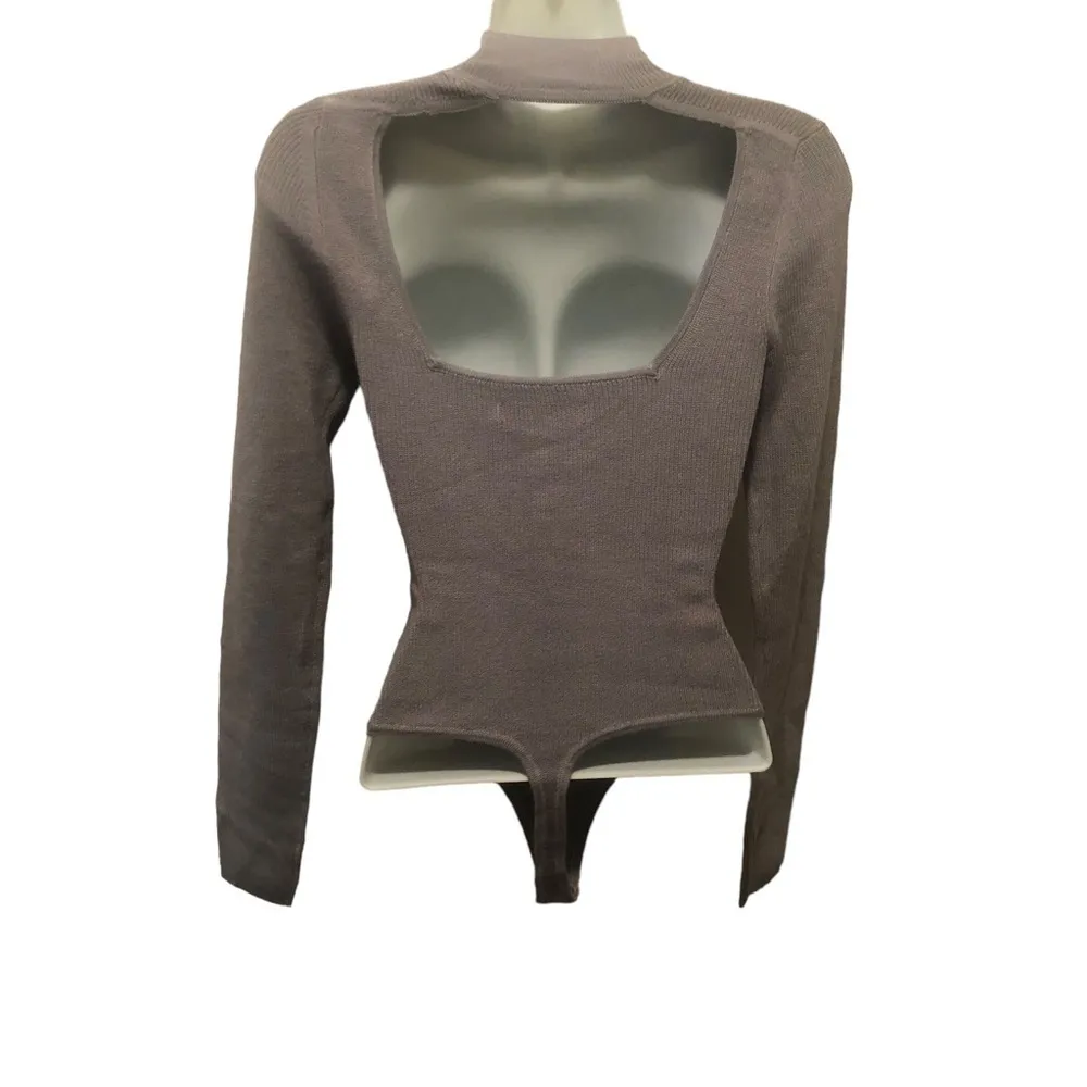 Gray Ribbed Bodysuit Sweater Sz. S Mock Neck Cut Out Back - Image 3