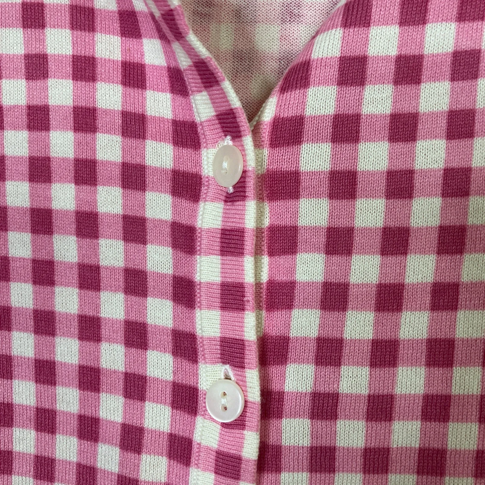 Talbots Pink Gingham Cardigan Sweater Cotton Rayon 3/4 Sleeve Womens Large - Image 3