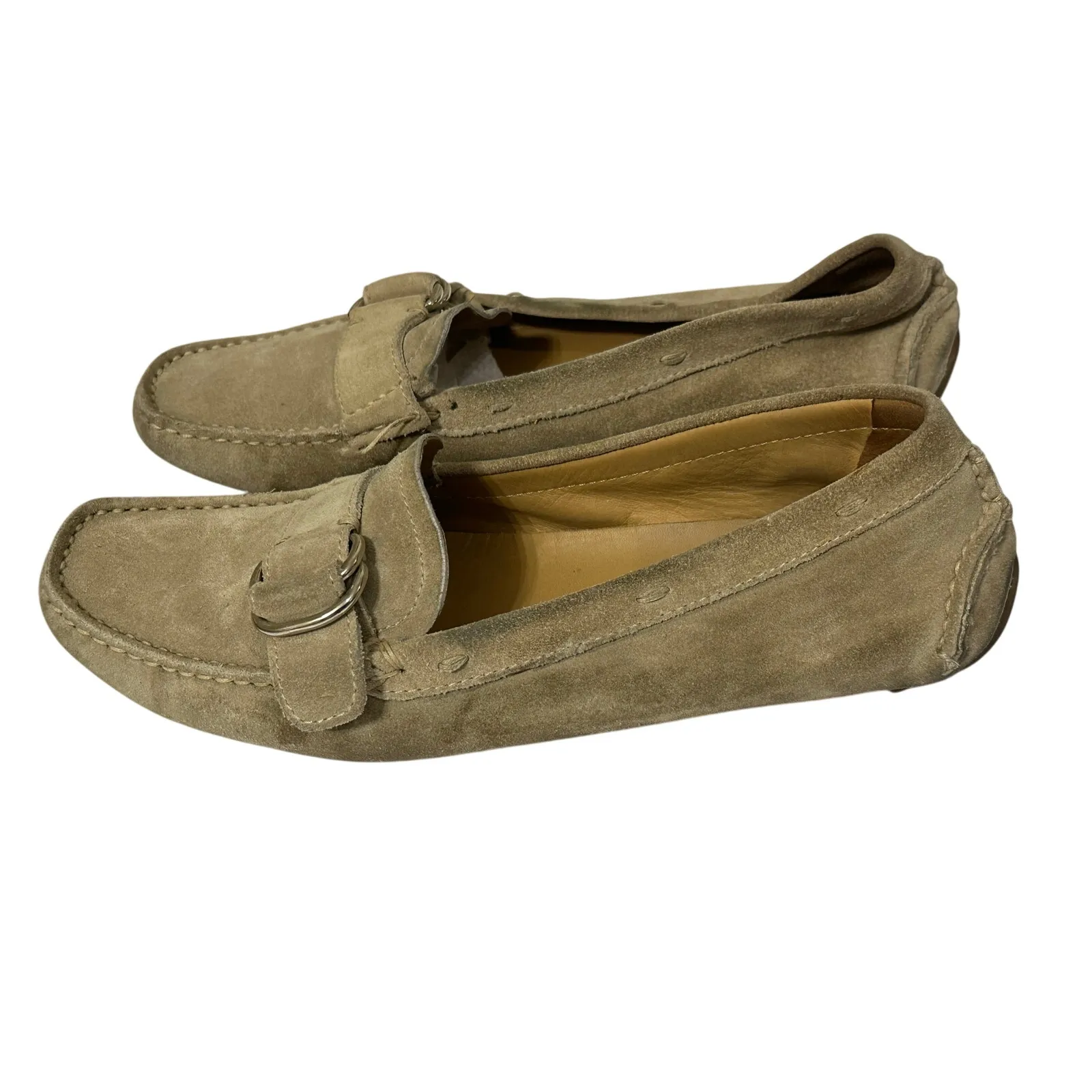PRADA Driving Moccasins Beige Suede Rubber Sole Silver Buckle Women's size 7.5 - Image 4