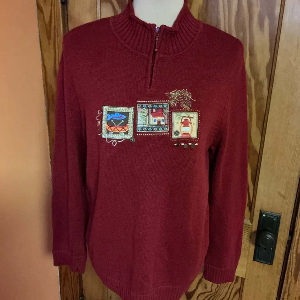 Y2K Kitschy Embroidered Sweater Cottagecore Cabin Lantern Fish Motif Zip Neck Size L - Image 7