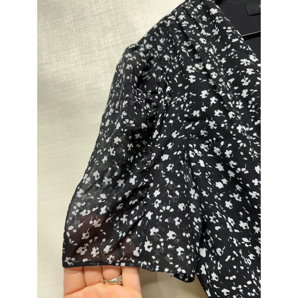 AllSaints Womens Wrap Top Sz 4 Black White Floral Ruffle Peplum Hem‎ Chiffon - Image 5
