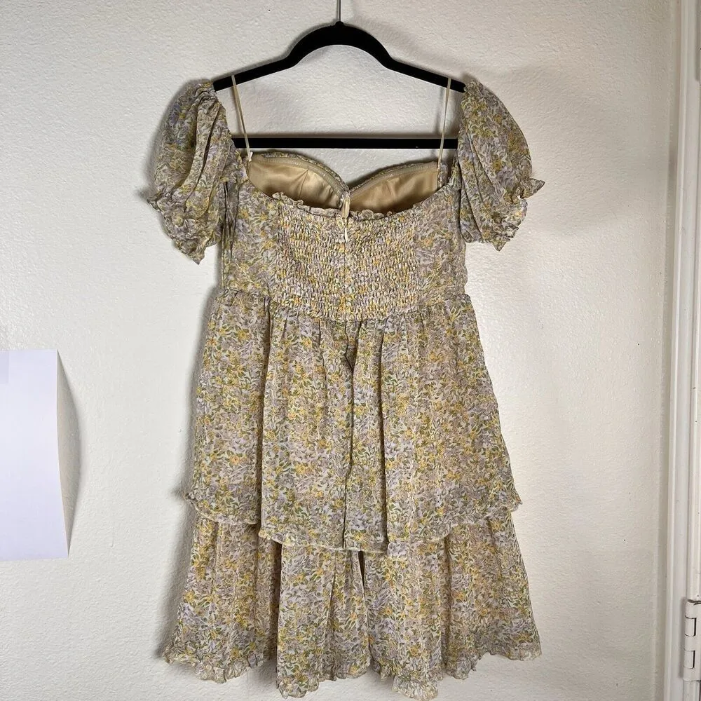 ASTR The Label Dress Womans Small Off Shoulder Two Tier Yellow Floral Multi Mini - Image 3