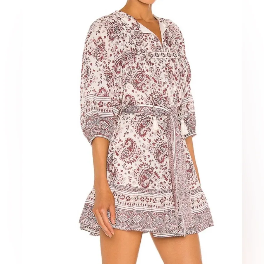 Cleobella Magdalena Mini Dress Paisley Block Print White Red Puff Sleeve NO BELT - Image 4