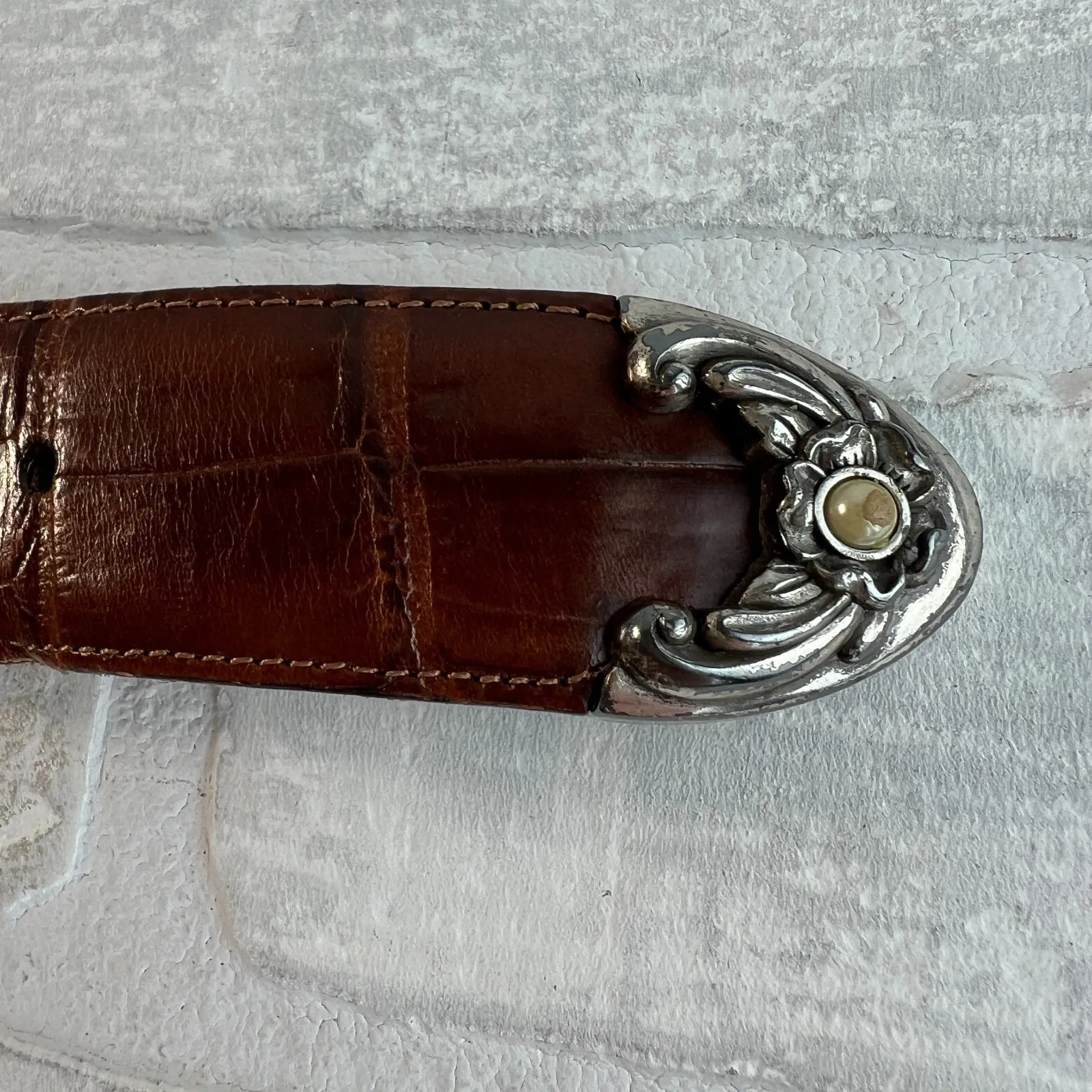 Brighton Belt Womens Medium Brown Croc Embossed Ornate Silver Buckle Pearls 1996 - Image 6