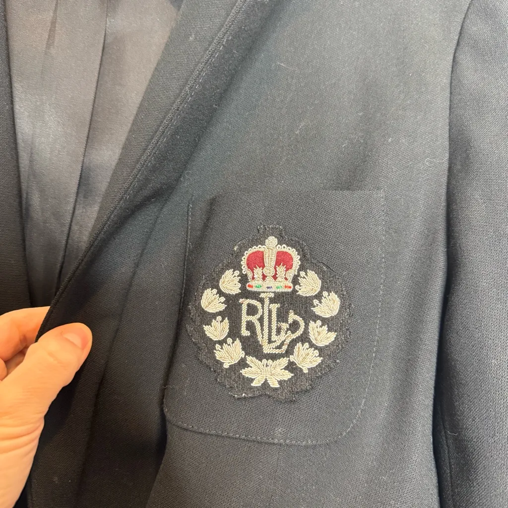 Ralph Lauren Womens Double Breasted Monogram Crest Wool Blazer Size 10 Black - Image 3