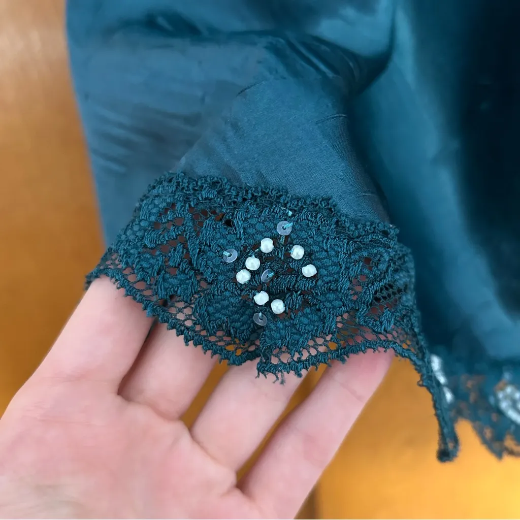 Vintage Teal Babydoll Slip Lace Beaded Cami Large Whimsigoth Fairy Y2K Glam - Image 4