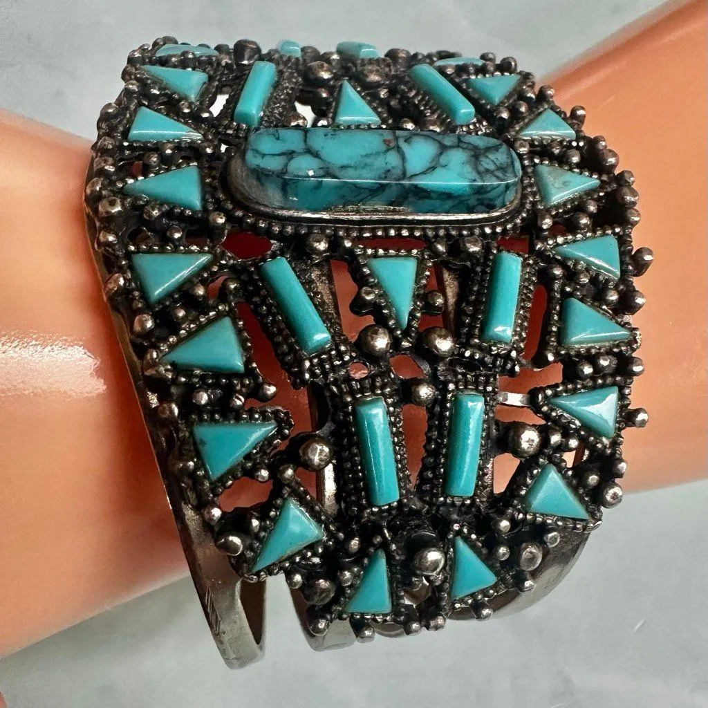 Southwestern Style Wide Cuff Bracelet Turquoise Mosaic Design Blue - Image 7
