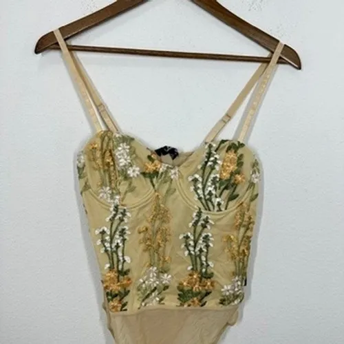 Lulus Beige Embroidered Floral Corset Bustier Bodysuit Sheer Size L NWT - Image 3