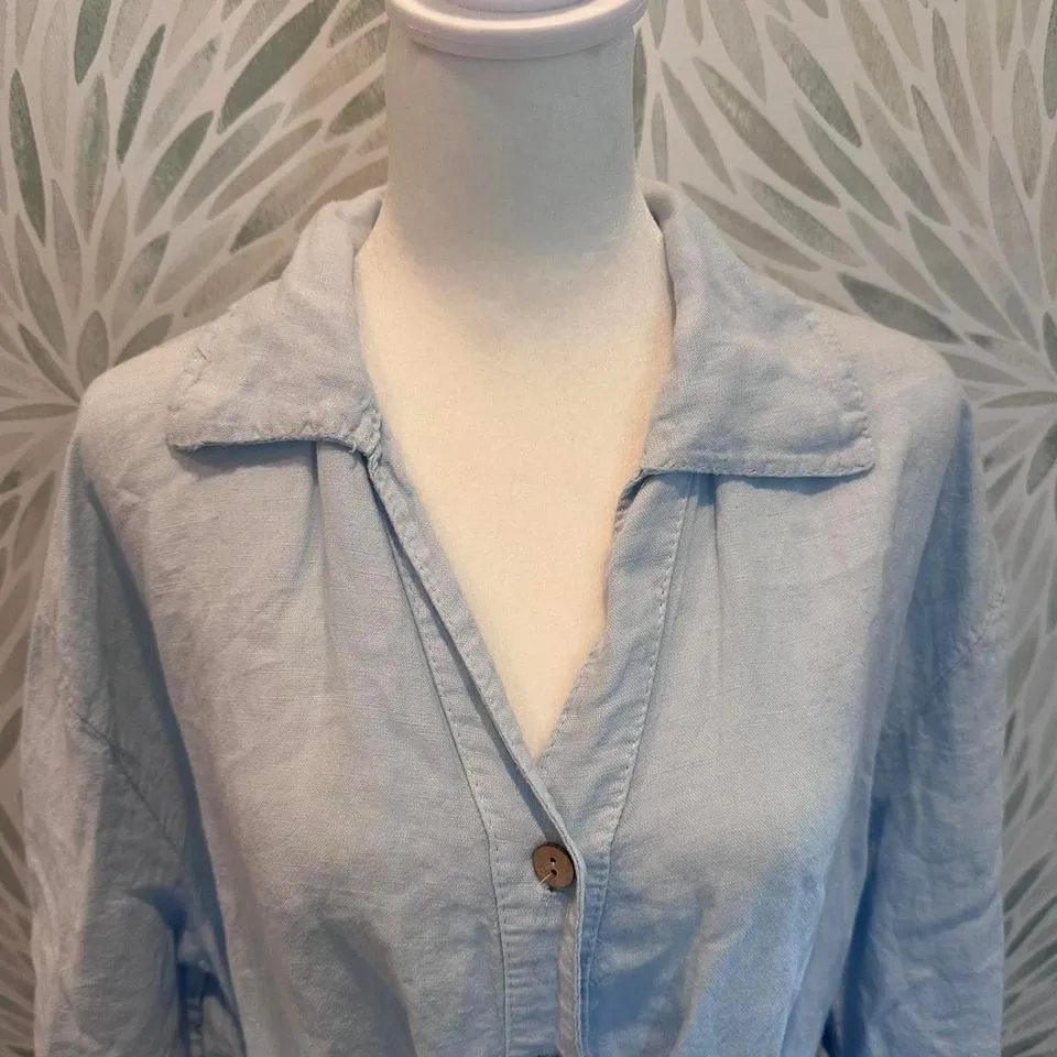 Saga Light Blue Linen Collared Belted Shirt Dress Made in Italy One‎ Size Size undefined - Image 3