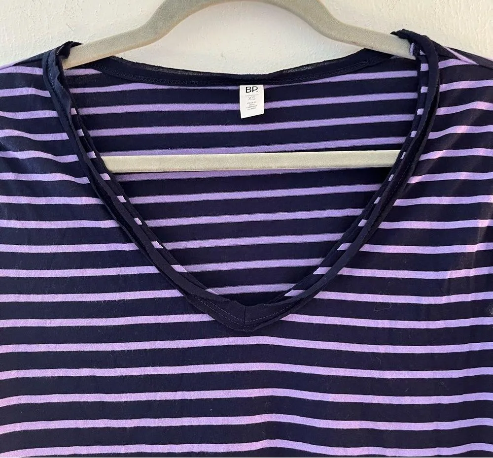 BP Tee Purple & Navy Blue Striped Round Edge V-Neck T-Shirt Sz XS NWT Casual - Image 2
