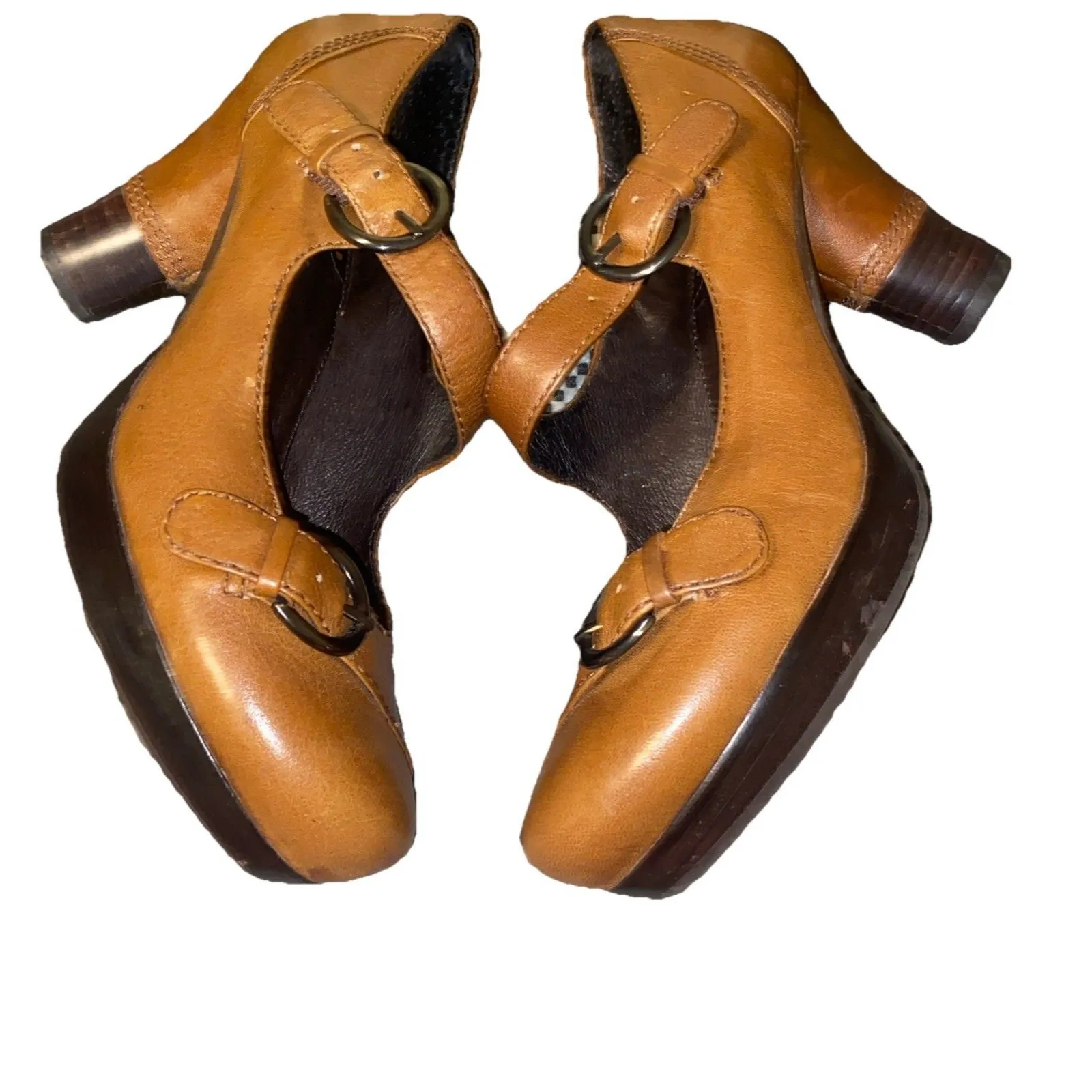 Anthropology Women’s Brown Leather Buckle Retro Styled Bivel Cone Heel Shoes 8.5 - Image 5