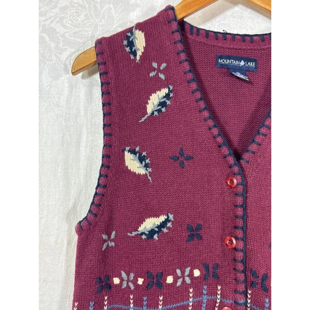 VTG Sweater Vest Large Burgundy Leaves Plaid Fall Blanket Stitch Mountain Lake Red - Image 4