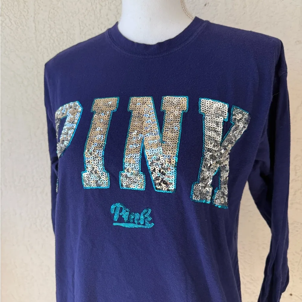 Victoria Secret PINK Silver Sequin Logo Tunic Crew Tee Long Sleeve Top Shirt XS Blue - Image 2