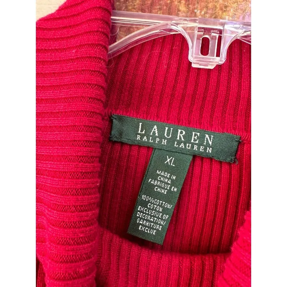 Lauren Ralph Lauren Sweater Womens XL Turtleneck Striped Cotton Red Black - Image 3