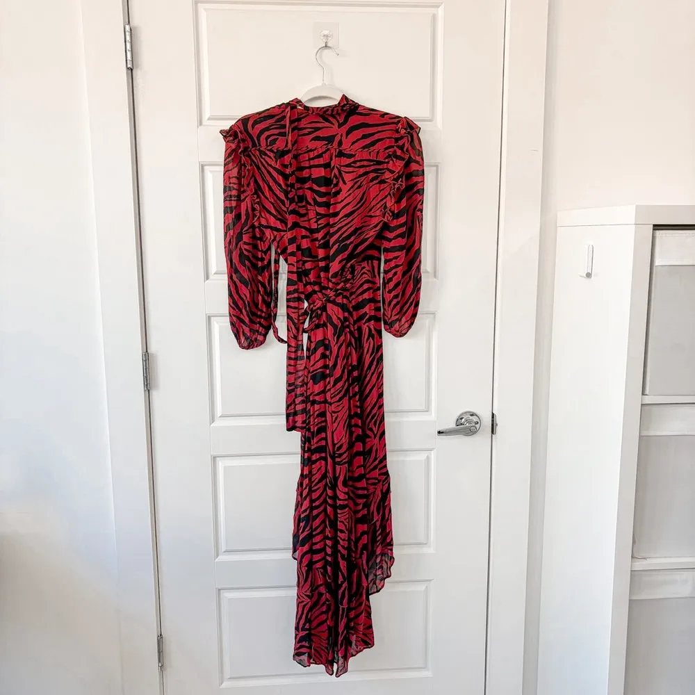 ba&sh Selena ruffled zebra-print georgette midi wrap dress claret - Image 8