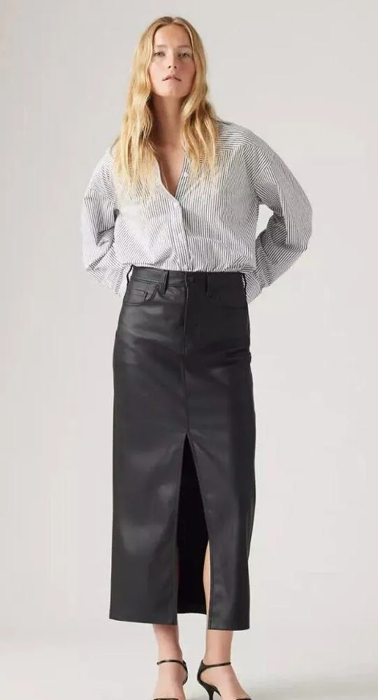 New Levi's Premium Ankle Column Skirt Faux Leather Night - Black Size 26 - Image 5