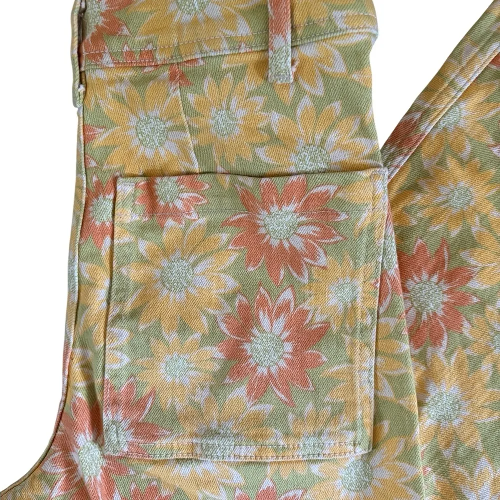 Zara Marine Straight High Waisted Yellow Sun Flower Denim Jean Sz 4 Ragged Hem - Image 4