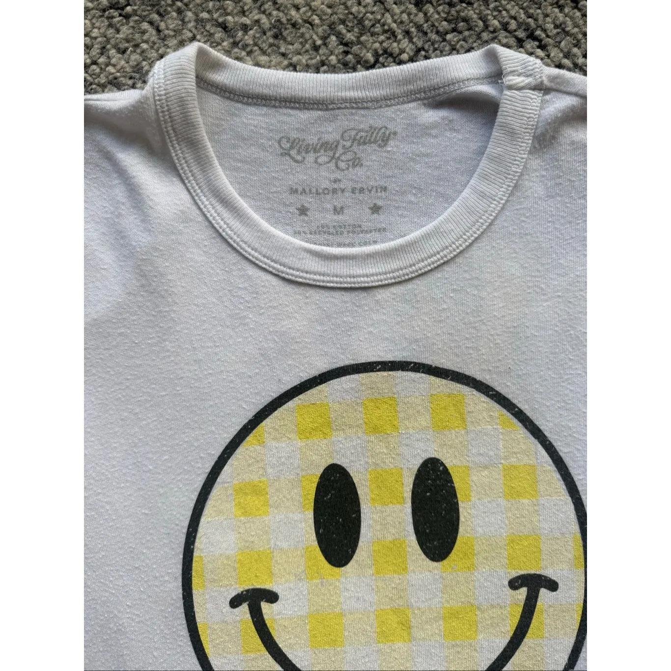Living Fully Mallory Ervin Smiley Face Gingham Graphic Tee Shirt Medium Yellow - Image 3