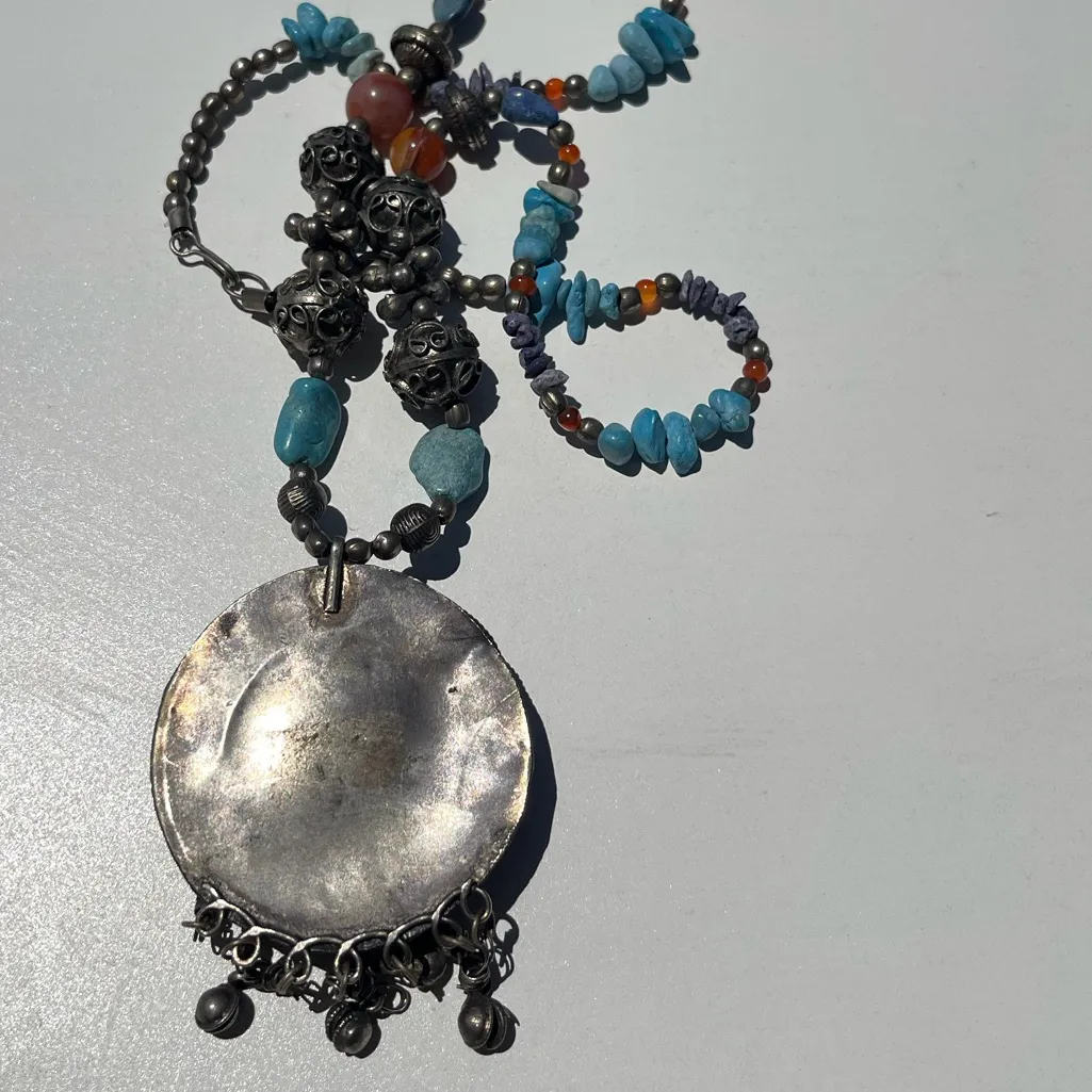 Vintage Boho Tribal Medallion Pendant Necklace Carnelian Turquoise Multistone Blue - Image 10