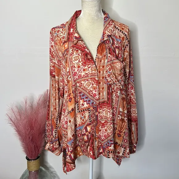 Rachel Zoe • bohemian tribal Aztec printed long balloon sleeve top - Image 15