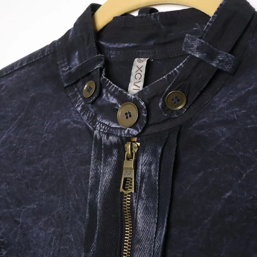 XCVI Full Zip Stonewashed Jacket Ruched 3/4 Sleeve Rib Panel Grey Blue Women's M - Image 4