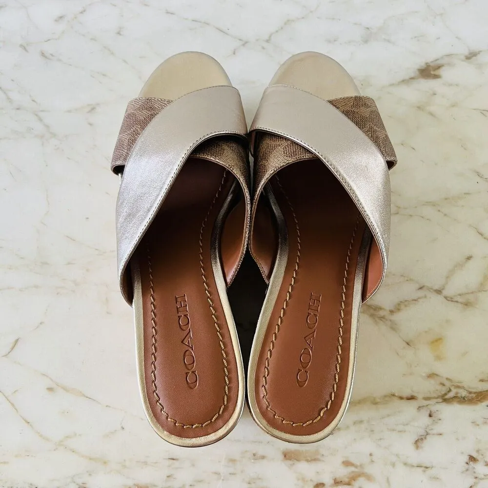 COACH Gold Brown Logo Wedge Heel Platform Slide Sandals - US 9.5 - Image 6