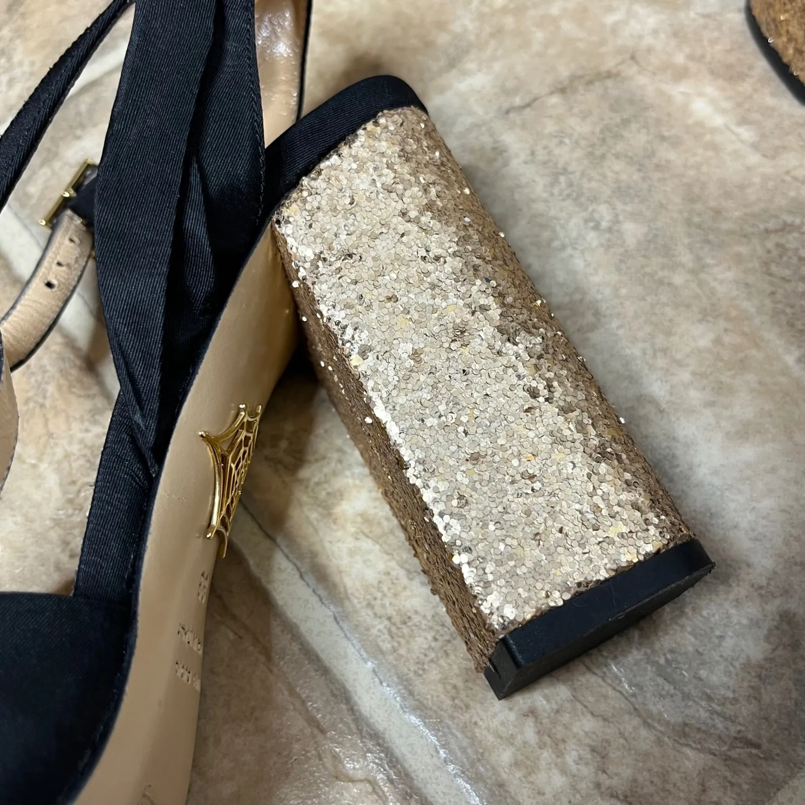 Charlotte Olympia Size 38 Black Satin Bow Block Heel Sandal T Strap Gold Glitter - Image 5