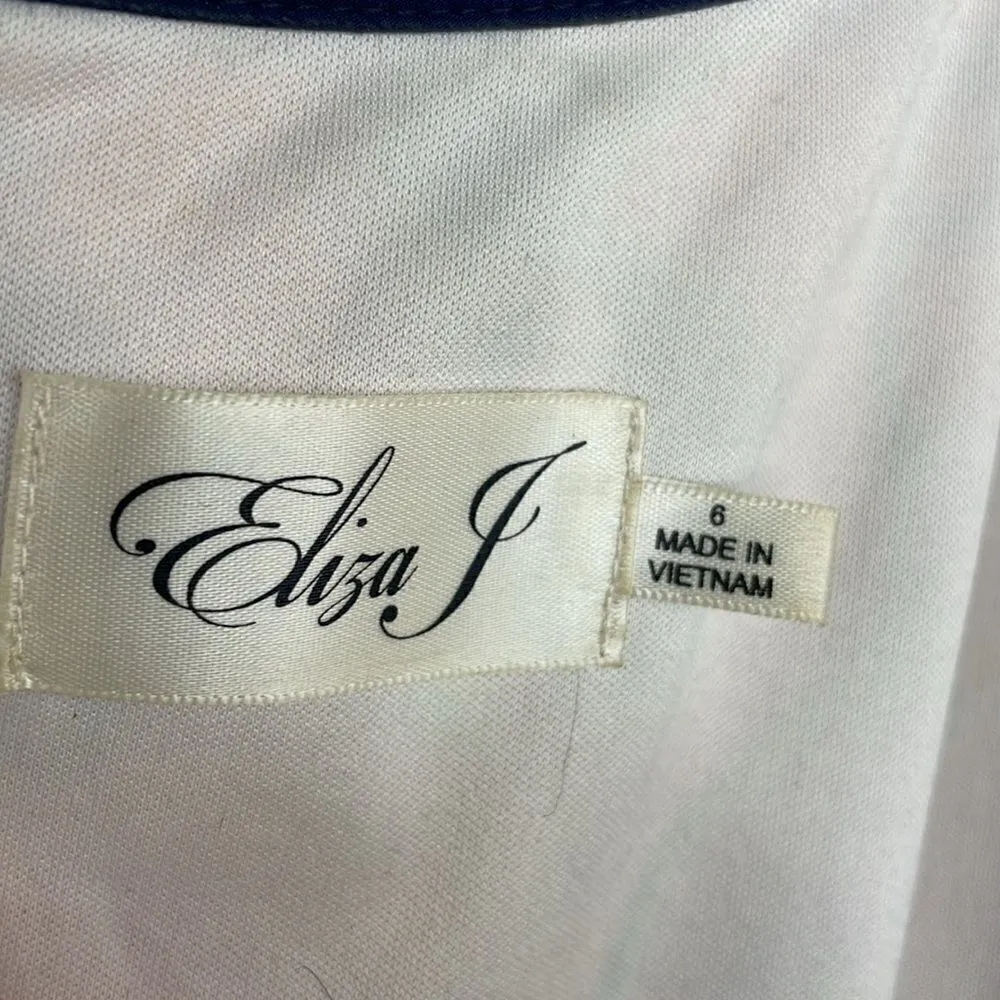 Eliza J. Dress Orange Floral Navy Striped 3/4 Sleeve Sheath Lined Midi size 6 - Image 9