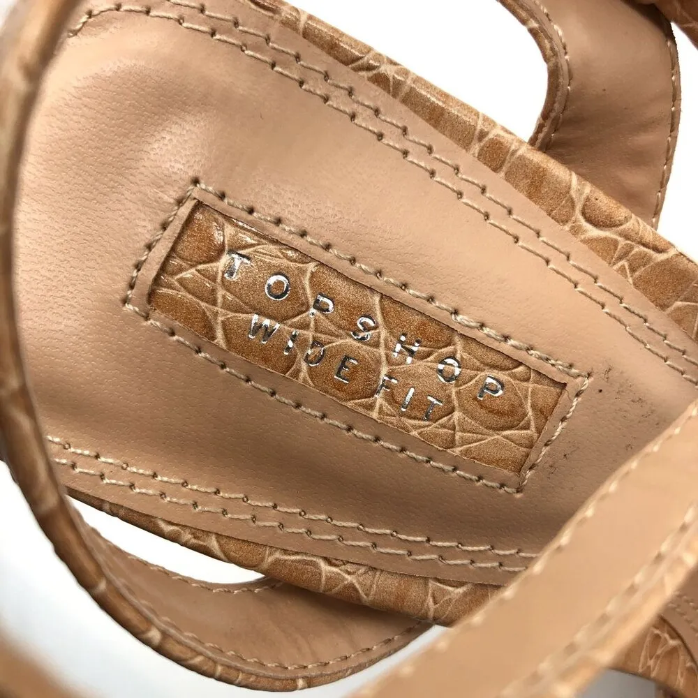 TopShop Rita Croc Embossed Sandal Square Toe Faux Leather Wide Fit Brown 5W - Image 7