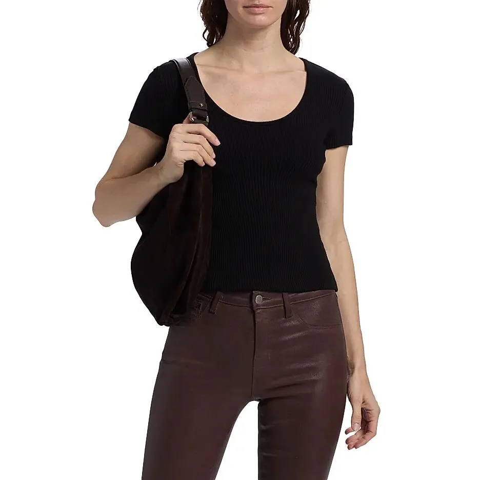 Saks Fifth Avenue Scoop Neck Fitted Short Sleeve Top Medium Black Stretch Layer - Image 2