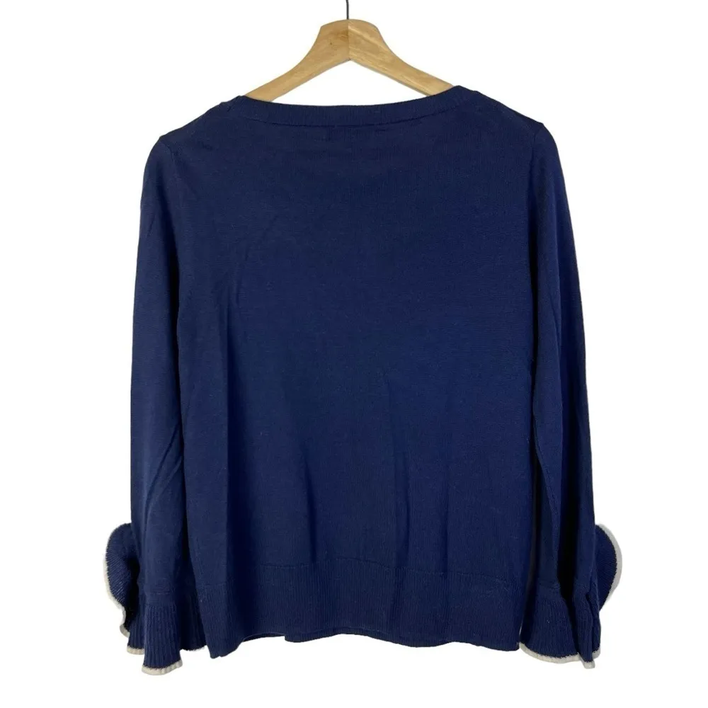J. Crew Navy Blue Crewneck Merino Wool Ruffle Sleeve Sweater M - Image 2