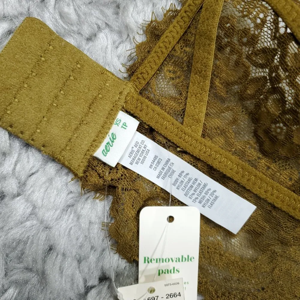 Aerie Eyelash Lace Padded Plunge Bralette Bra Dark Yellow Brown Size XS Lined - Image 6