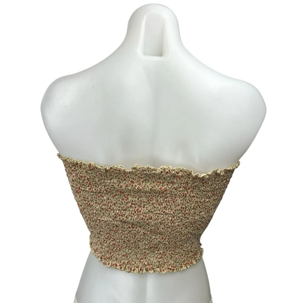 Brandy Melville Cream Floral Ruffle Smocked Strapless Tube Crop Tank Top Size 32 - Image 2