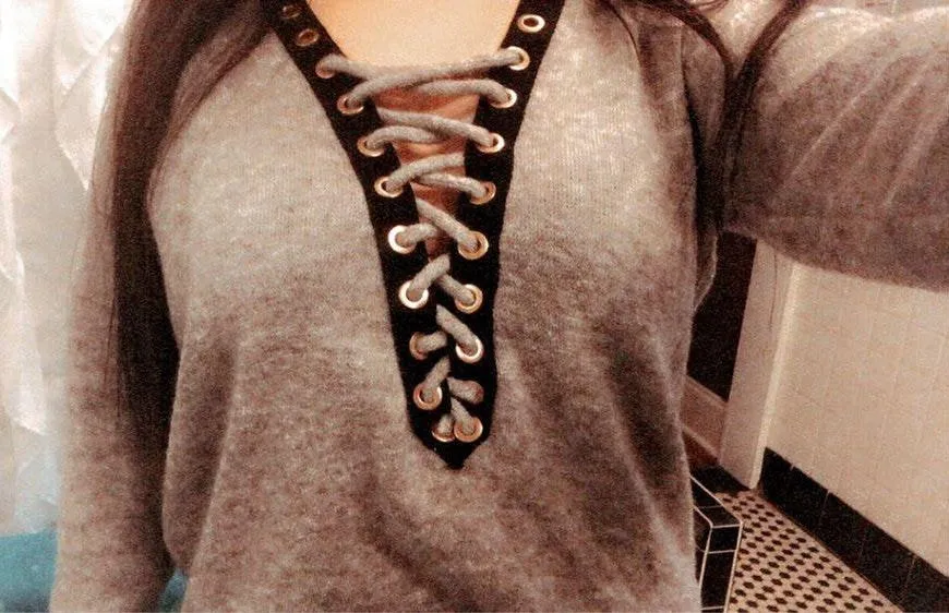 Lace Up Sweater Gray Size M - Image 2