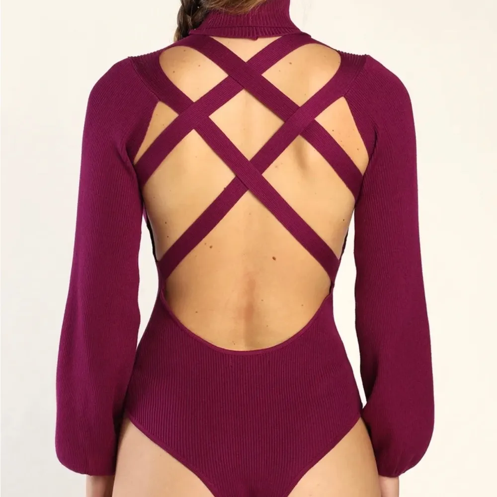 Crisscross the Universe Purple Ribbed Strappy Backless Bodysuit - Image 5