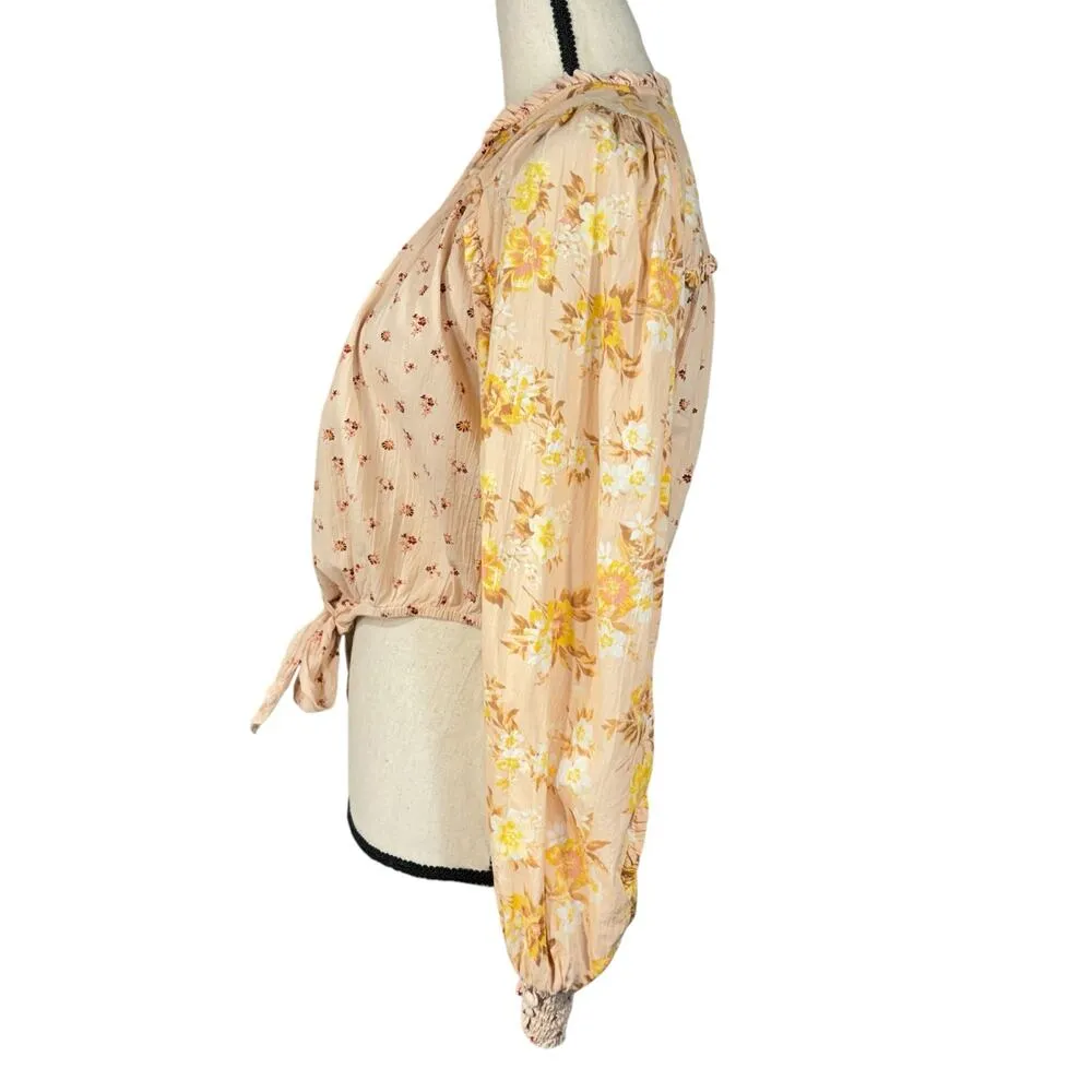 American Eagle Medium Crop Top Floral Button-Up Balloon Sleeves V-Neck Ruffle - Image 8